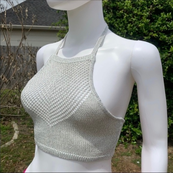 💋NWT Lovers + friends silver metallic halter bikini swim top - Picture 7 of 13